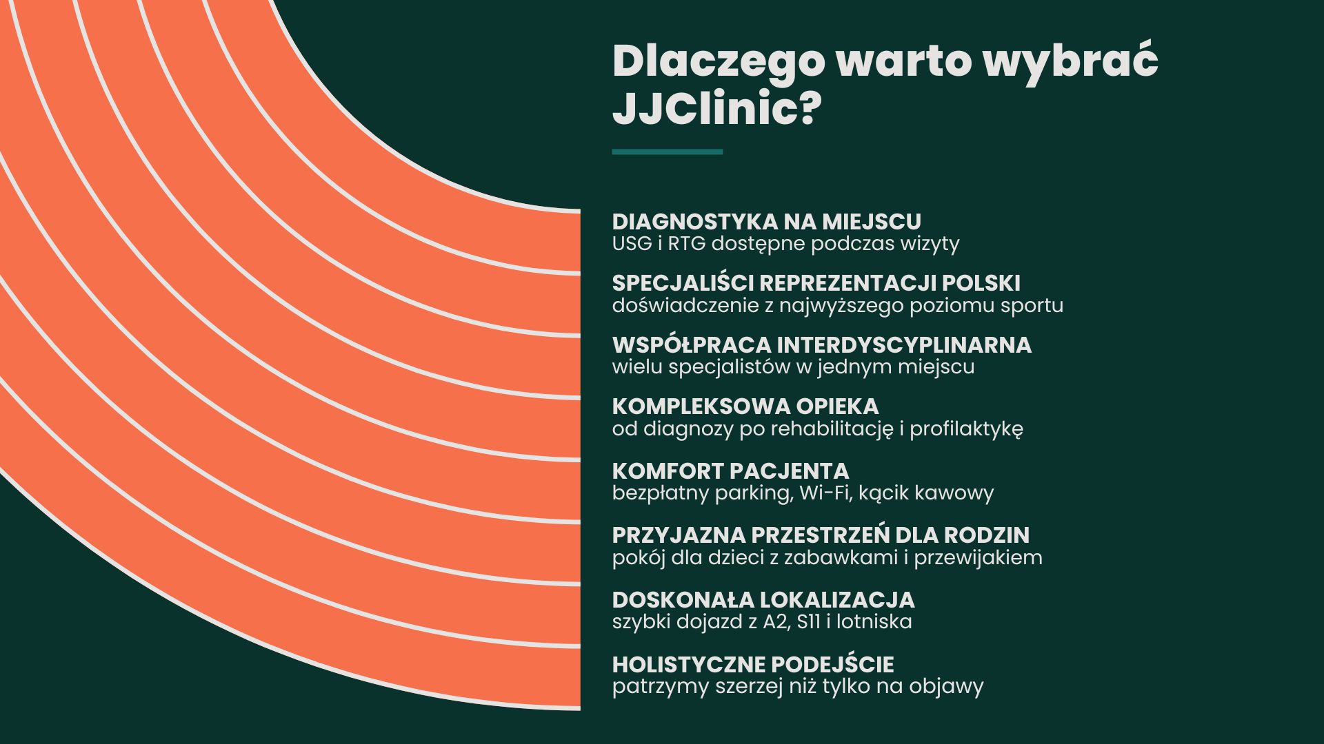 Infografika przedstawiająca główne zalety JJClinic w Dąbrowie k. Poznania