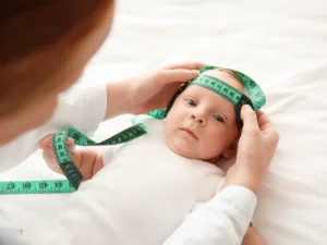 neonatolog bada wielkość głowy noworodka w gabinecie